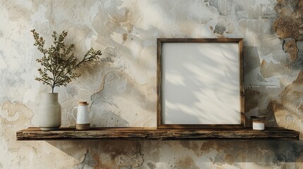 A mockup with a wooden shelf and picture frame on a wall, in the style of botanical abstractions