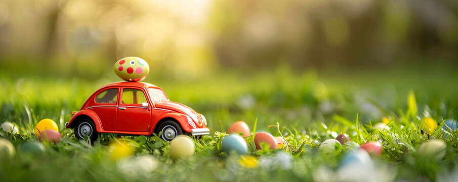 Red toy retro car with colored easter egg on the roof on fairytale spring field. Car carrying egg on green abstract blurred background. Greeting card or festive banner with copy space