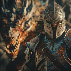 medieval knight with a dragon in fight - obrazy, fototapety, plakaty