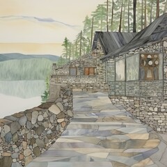 A back-to-nature break - stylized illustration of a little cabin by the lake