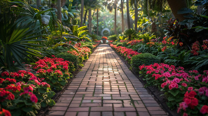 Fototapeta na wymiar A lush botanical garden bursting with vibrant blooms and verdant foliage, a haven of beauty and tranquility amidst the heat of summer