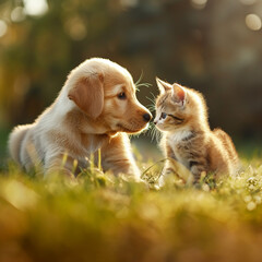 cute puppy an kitty on the grass nature