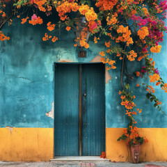 contrast colorful vintage old wall and door of a town house
