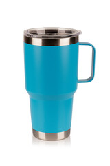 Blue water bottle, Stainless steel thermos bottle on white background. Tumbler beverage container - 763642769