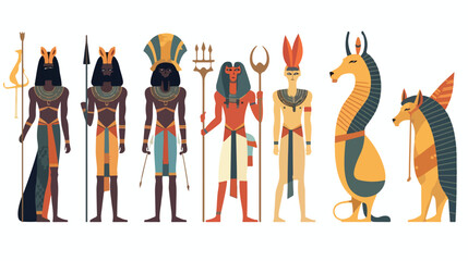 Egyptian ancient gods and sacred animals set flat v