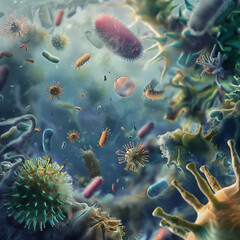 Naklejka premium electron microscope renders showing becterias viruses colorful
