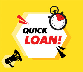 Quick Loan. Vector advertising banner with stopwatch and megaphone.