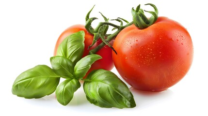 Fresh red tomato with basil leaves isolated on white background