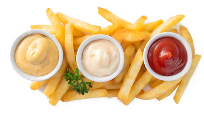 French fries with ketchup, mayonnaise, mustard and garlic dip sauce top view isolated on white background - obrazy, fototapety, plakaty