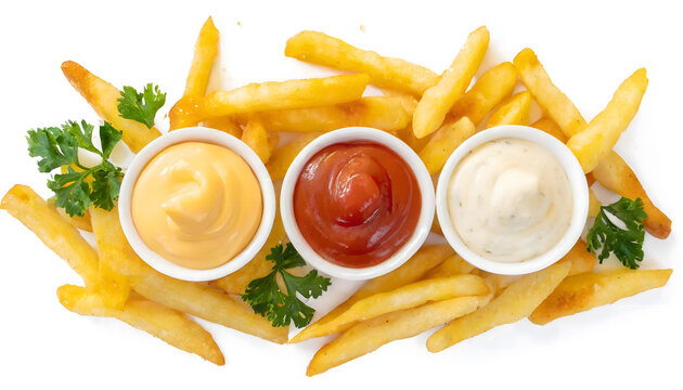 French fries with ketchup, mayonnaise, mustard and garlic dip sauce top view isolated on white background