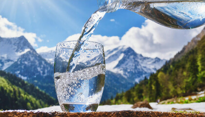 Glass of pouring crystal water against blurred nature snow mountain landscape background. Organic...
