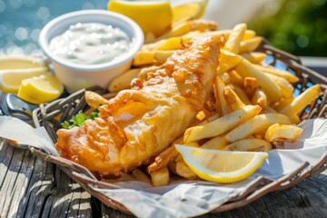 Classic Fish and Chips with Lemon and Tartar Sauce