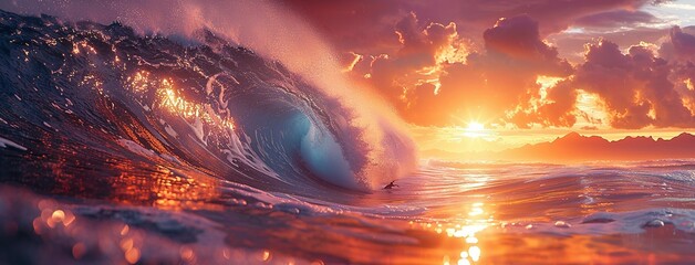 Surfer Riding a Wave at Golden Hour. Man skillfully rides a large wave, with a sunset-lit mountainous backdrop, capturing the essence of adventure and freedom