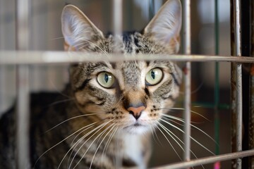 cat in a cage in a shelter or rescue centre