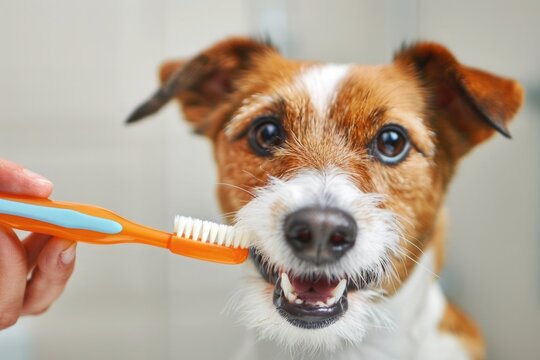 brushing dog's teeth with a toothbrush, pet dental care