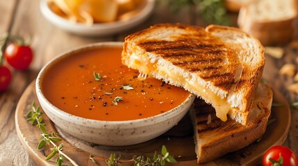 A delicious bowl of tomato soup with a grilled cheese sandwich on the side.