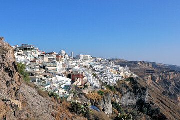 The town of Fira perched on the caldera rim on the island of Santorini Greece.