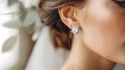 Elegant young woman with brown hair wearing a beautiful earring with diamonds in the shape of a flower.