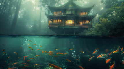 Clear river in half under water view with colorful Koi goldfishes under water and Asian traditional house with bamboo trees at misty morning