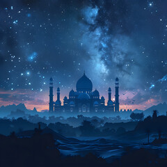 Beautiful stary night with twinkling stars and a mosque backdrop template - obrazy, fototapety, plakaty