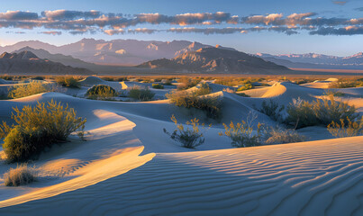 desert landscape at sunrise, showcasing the play of light and shadows on the sand dunes, Generative AI 