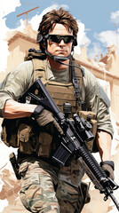 Fototapeta premium Illustration of Soldier in Combat Gear with Rifle