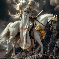 holy knight in a white armor on a white horse 