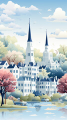 Idyllic Springtime Town Landscape with Cherry Blossoms and Church

