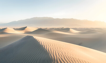 desert landscape at sunrise, showcasing the play of light and shadows on the sand dunes, Generative AI 