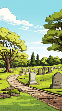 Serene Cemetery Landscape with Winding Path and Lush Greenery

