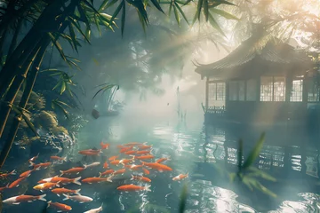 Fotobehang Asian garden with bamboo trees frame and pond with goldfishes at calm foggy morning © Maizal