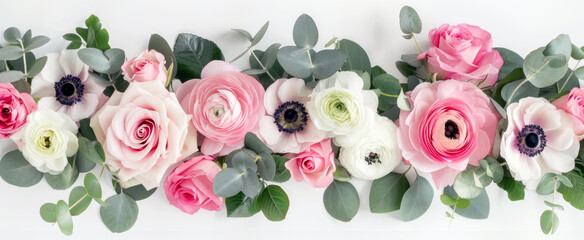 Pink and white flowers with eucalyptus leaves. Roses, ranunculus, anemones and green foliage - 763646581