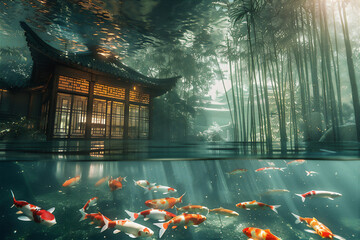 Calm and Clear river in half under water view with colorful goldfishes under water and Asian traditional house with bamboo trees at misty morning