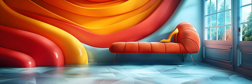 A red couch with a yellow and orange design on the side,
 The 3D Printer Creating Various Objects from Pure Is
