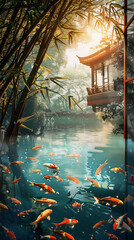 Asian garden with bamboo trees frame and pond with goldfishes at calm morning