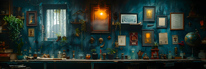  3d model coffee shop blue and fancy ,
Amulets and Talismans Hanging on the Wall in a Dimly Lit Room
