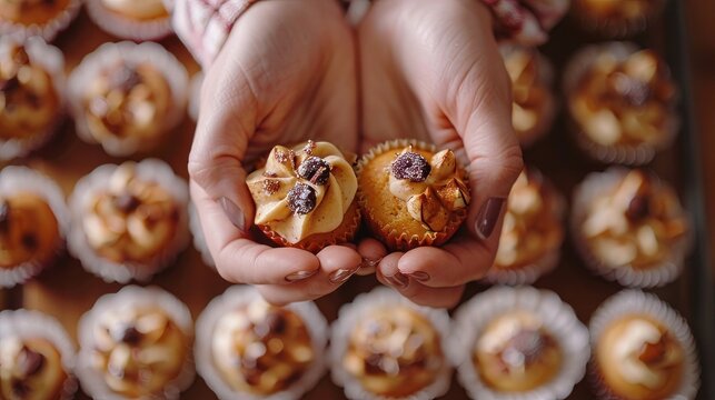 Female hands hold mini muffins. Close-up. Overhead, from above, top view.