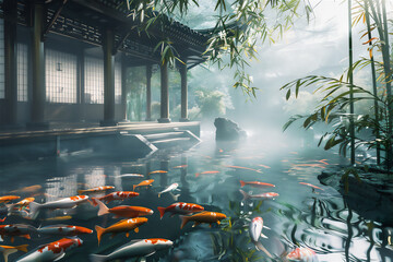 Clear pond with colorful goldfishes under water and Asian traditional house with bamboo trees frame...