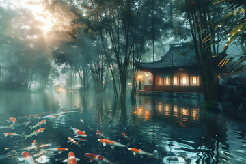 Clear river with colorful goldfishes under water and Asian traditional house with bamboo trees...