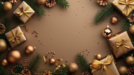 New Year banner with Christmas gift boxes and golden decorations on khaki background. - obrazy, fototapety, plakaty