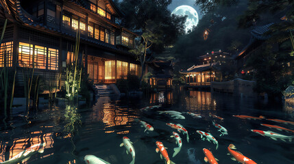Clear pond with colorful goldfishes under water and Asian traditional house with bamboo trees frame at full moon night