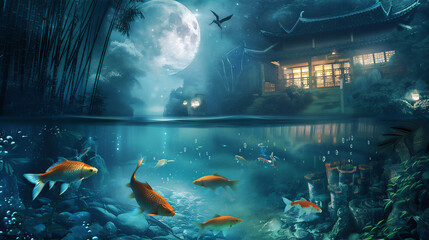 Clear pond in half under water view with colorful goldfishes under water and Asian traditional house with bamboo trees at night