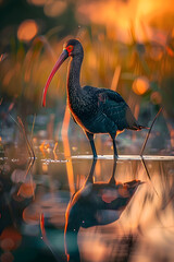Golden-hour Grace: An Eloquent Portrait of the Scarlet-Faced Ibis Bird in a Serene Marshland - obrazy, fototapety, plakaty