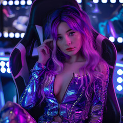 cute colorful e-sports egirl gamer girl poses on her gaming chair pc