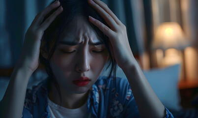 Sad tired asian woman touching forehead having headache migraine or depression, Generative AI 