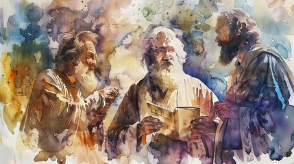 A watercolor depiction of biblical figures engrossed in a discussion with one reading a book amidst ethereal surrounds - obrazy, fototapety, plakaty