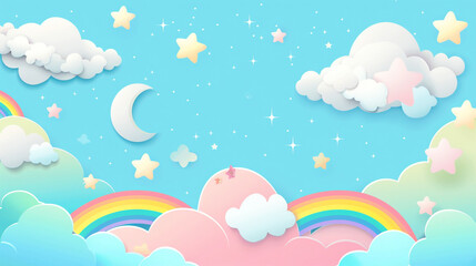 Fototapeta na wymiar Seamless abstract: clouds, rainbow, moon, stars. Whimsical charm