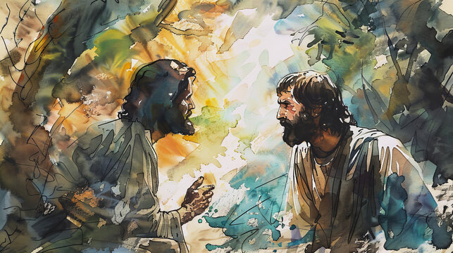 Evocative watercolor artwork capturing a biblical figure in a moment of fervent prayer within a dynamic, abstract backdrop