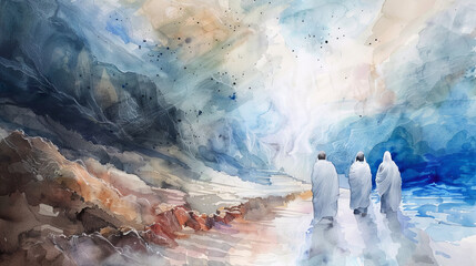 A watercolor painting of three silhouetted figures walking along a picturesque coastal path in contemplative serenity - obrazy, fototapety, plakaty