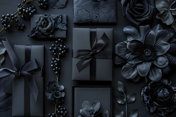 Black gifts on black background.